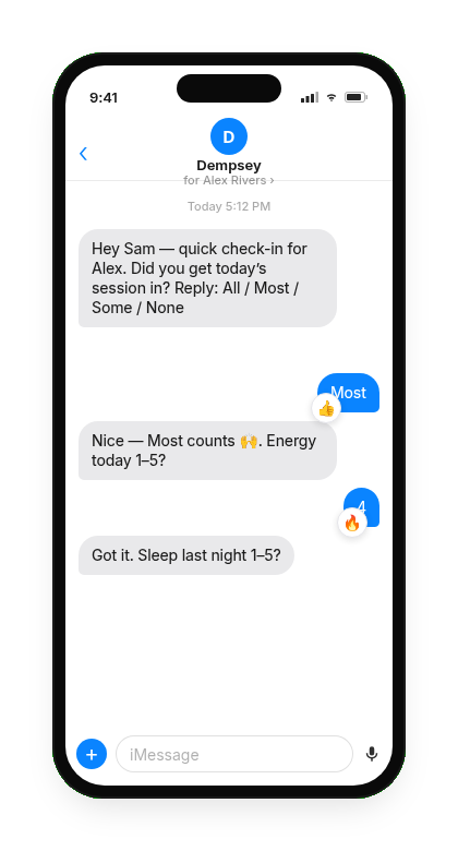 Dempsey check-in texts on iPhone